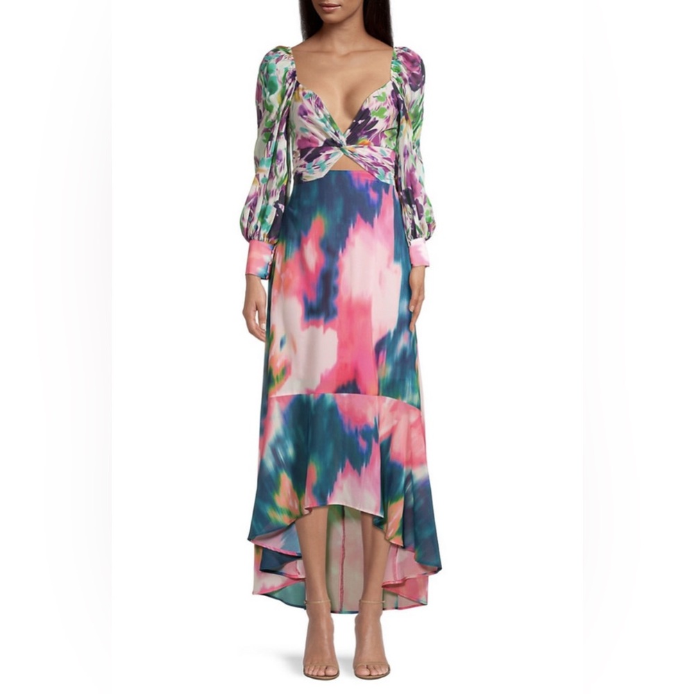 One33 Social Printed Flounce Hem Dress Watercolor Cutout Midi